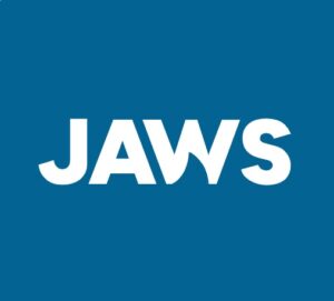 JAWS written in caps with white text on a blue background, with the shape of a shark's fin making part of the 'W'